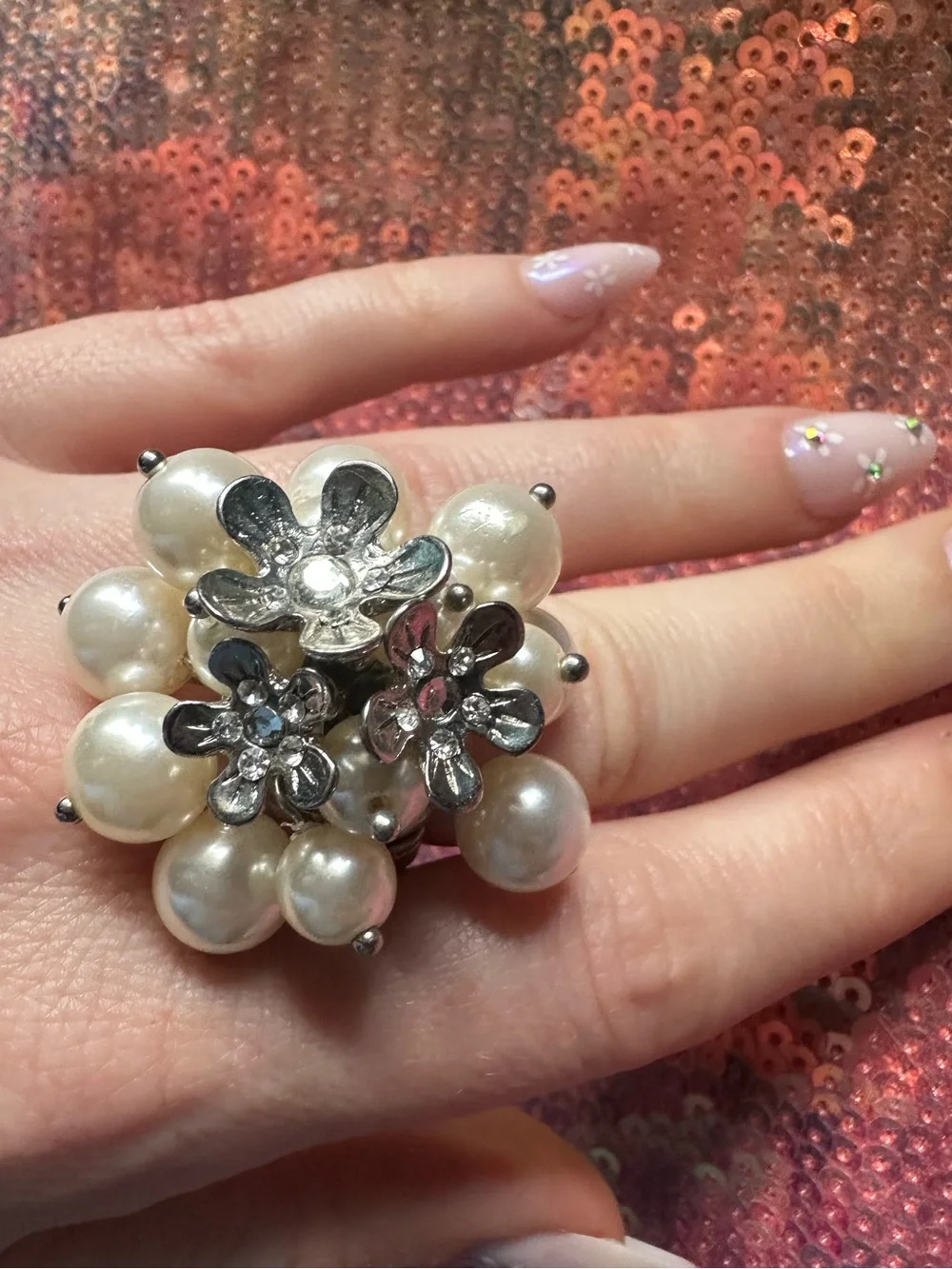Floral & Pearl Cluster Silver Tone Stretch Ring